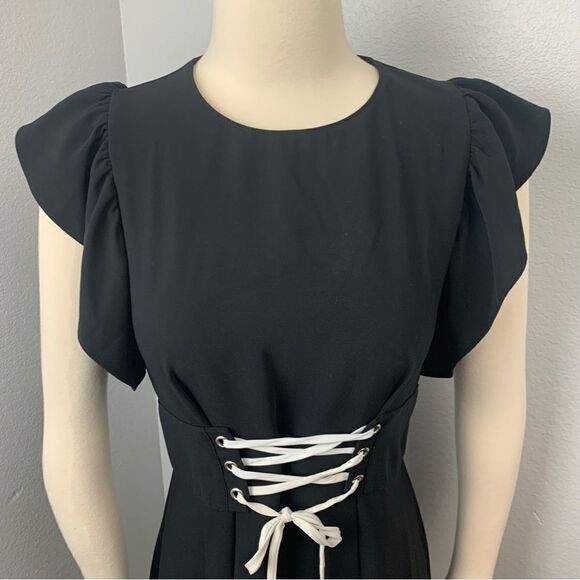 Amanda Uprichard Black Ruffle Sleeve Lace up Mini Dress - Picture 3 of 9